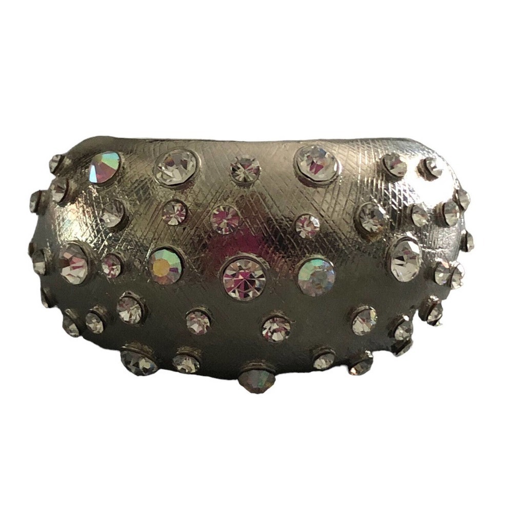 Chunky Silver Tone Aurora Borealis Rhinestone Hinged Bangle Statement Bangle